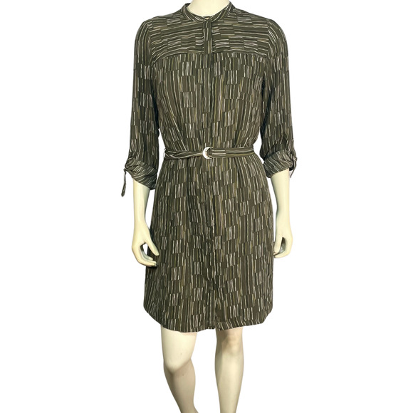 Apt. 9 Sz M Shirt Dress with Belt Roll Tab Sleeves Above-Knee Mod Olive Stripes - Picture 2 of 12